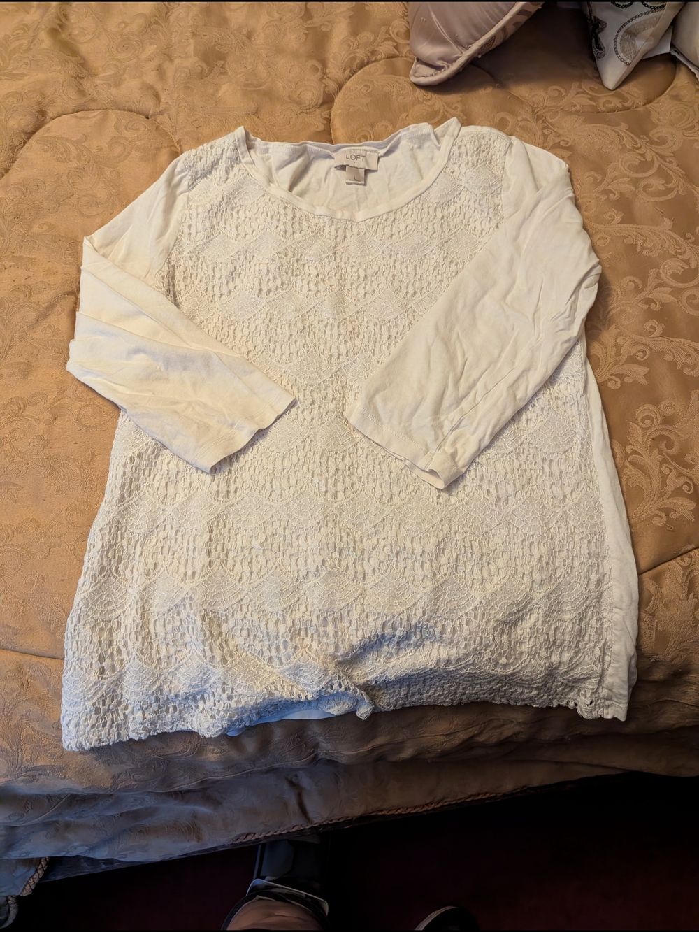 LOFT White Crochet Front Long Sleeve Knit Top
